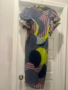 Graphic Print Midi Dress in Navy, Lime & Red